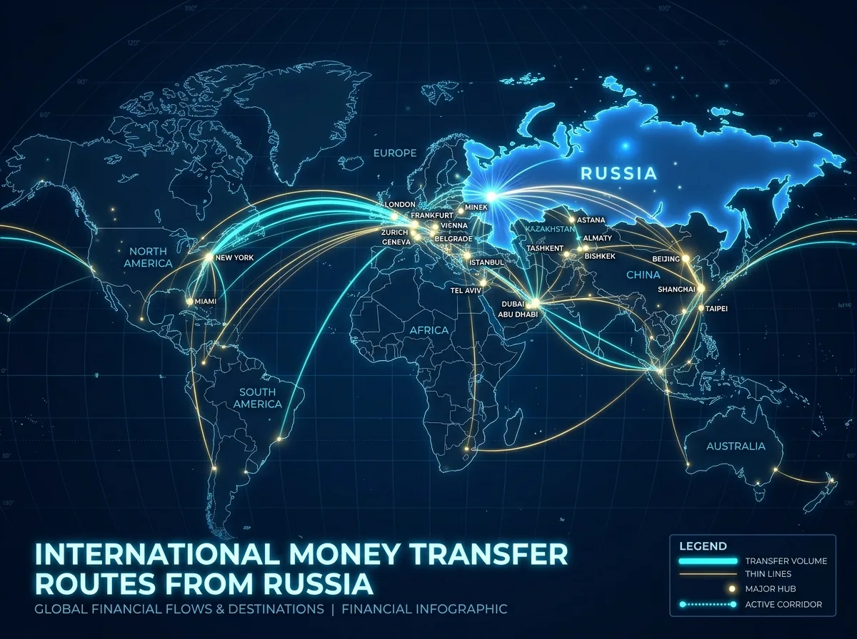Карта мира с маршрутами международных денежных переводов из России, светящиеся линии на тёмно-синем фоне, финансовая инфографика
